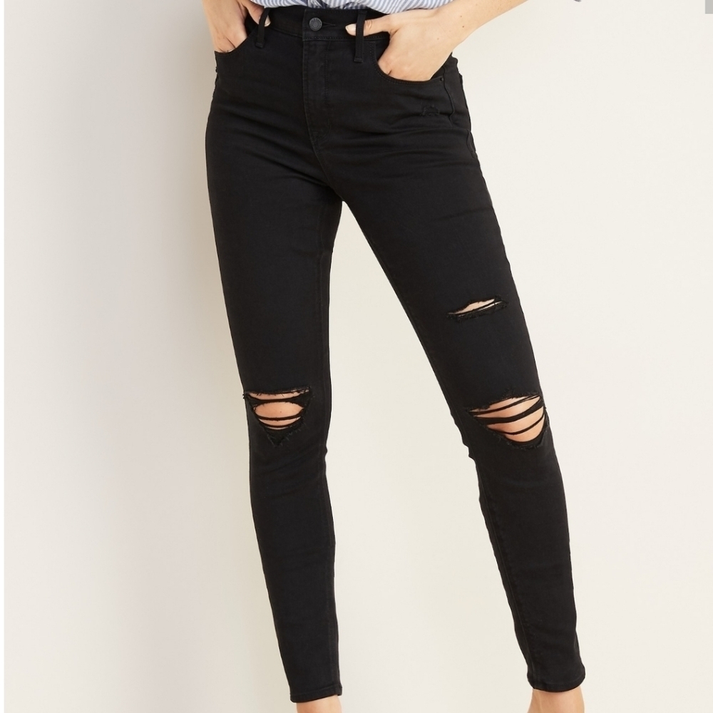 NEW Old Navy Rockstar Super Skinny Jeans Black Knees Distressed Womens Summer
